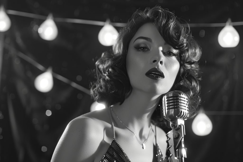 Cantante de estilo clásico interpretando frente a un micrófono vintage, iluminada por luces tenues en blanco y negro.
