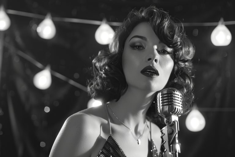 Cantante de estilo clásico interpretando frente a un micrófono vintage, iluminada por luces tenues en blanco y negro.